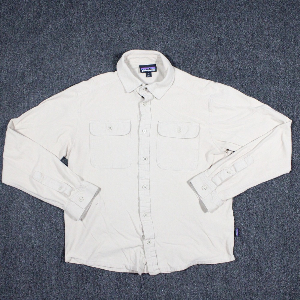 Patagonia Button Down Shirt Mens Small Beige Excellent Cotton Long Sleeve 41875